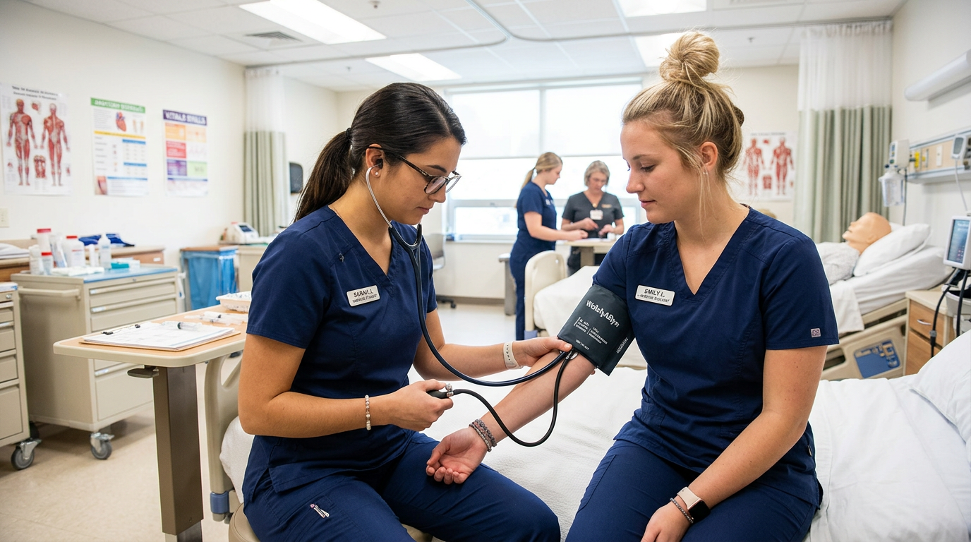 Two nursing students in a skills lab,