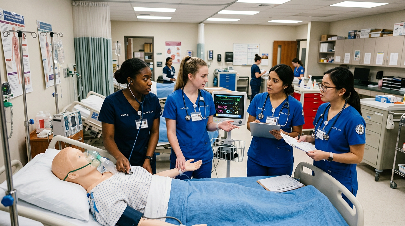 nurse students mannequin patient giving care