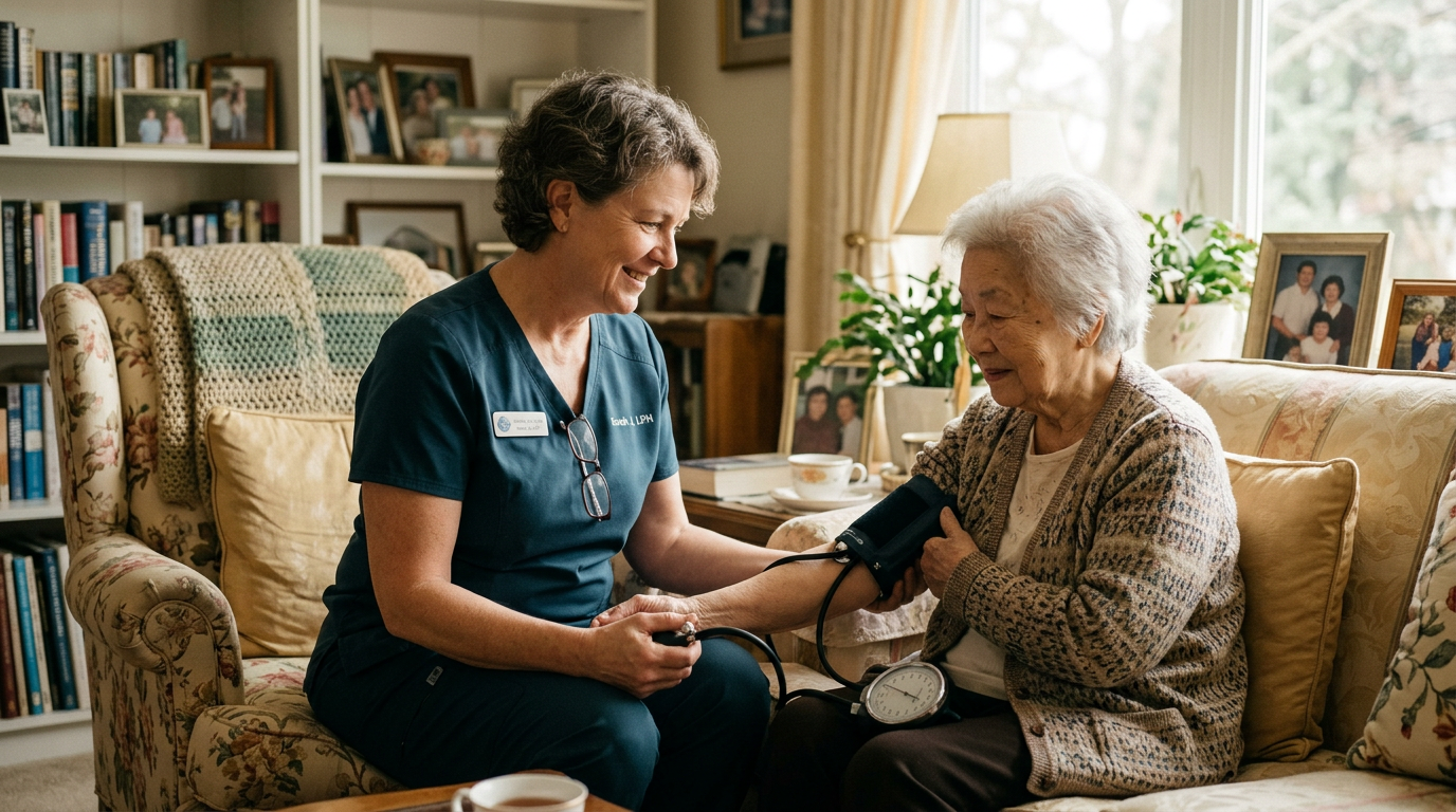 nurse in her 50s sitting beside an elderly Family nurse in her 50s sitting beside an elderly patient