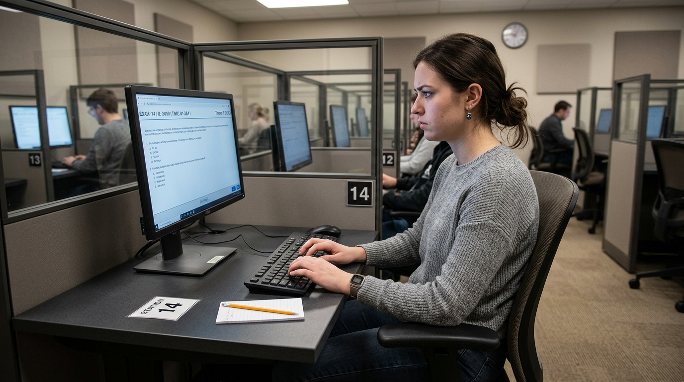 sitting at a computer testing station